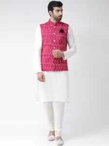 Vartah Men Off-White & Pink Solid Kurta with Pyjamas & Nehru Jacket