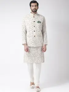 Vartah Men Off-White & White Printed Kurta with Churidar & Nehru Jacket