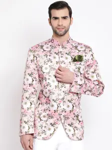 VASTRAMAY Men Pink & Green Printed Tailored-fit Bandhgala Blazer