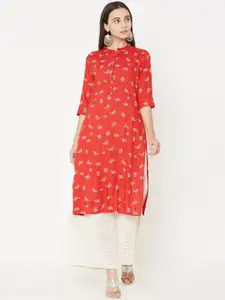 FASHOR Women Red & White Printed Straight Cotton Kurta