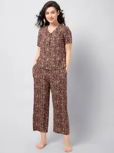 FabAlley Women Brown & Beige Floral Printed Night Suit