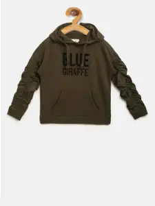 Blue Giraffe Boys Olive Green Printed Hooded Pullover Sweater