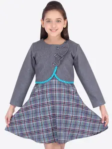 CUTECUMBER Girls Grey Checked Fit and Flare Dress With Shrug