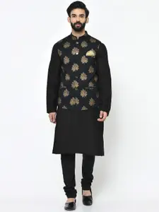 Vartah Men Black & Gold-Coloured Solid Kurta with Pyjamas & Nehru Jacket