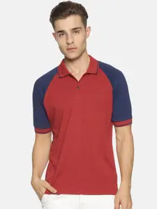 Campus Sutra Men Maroon & Navy Blue Colourblocked Polo Collar T-shirt