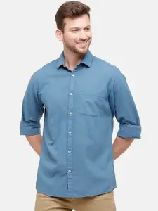 CAVALLO by Linen Club Men Linen Cotton Blue Regular Fit Solid Casual Shirt