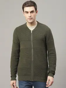LINDBERGH Men Olive Green Self Design Cardigan Sweater