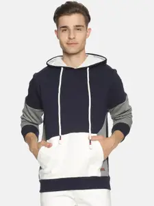 Campus Sutra Men Navy Blue & White Colourblocked Hooded Sweatshirt