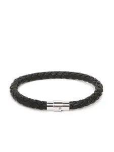 OOMPH Men Black Solid Braided Wraparound Leather Bracelet