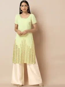 Rang by Indya Women Green & Gold-Coloured Embroidered Straight Kurta