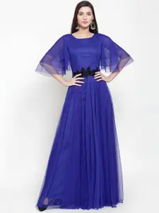 Just Wow Women Blue Solid Net Maxi Dress
