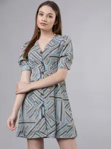 Tokyo Talkies Women Blue & Brown Striped Empire Dress