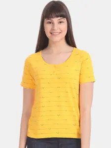Flying Machine Women Mustard Yellow  Blue Printed Henley Neck Pure Cotton T-shirt