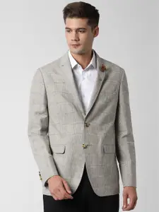 Peter England Men Beige & Grey Checked Slim-Fit Single-Breasted Casual Blazer