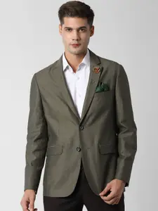 Peter England Men Olive Green Self Design Slim-Fit Single-Breasted Formal Blazer