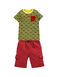 KiddoPanti Boys Yellow & Red Printed T-shirt with Shorts