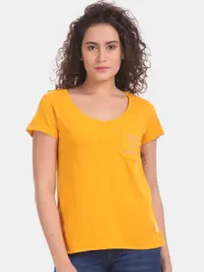 Flying Machine Women Mustard Orange Solid Round Neck T-shirt