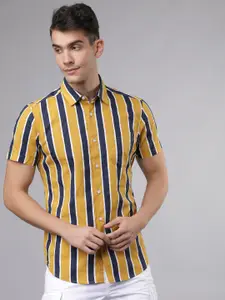 HIGHLANDER Men Navy Blue & Yellow Slim Fit Striped Casual Shirt