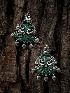 Adwitiya Collection Silver Plated Oxidised Peacock Shaped Drop Earrings
