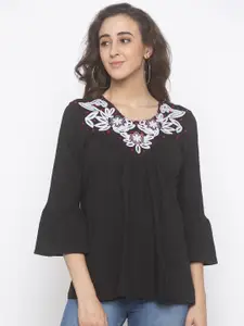 Globus Women Black Embroidered A-Line Pure Cotton Top
