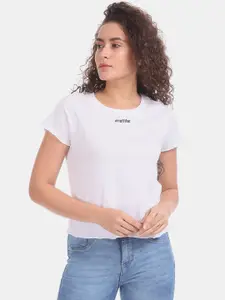 Flying Machine Women White Solid Round Neck T-shirt
