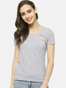 Campus Sutra Women Grey Striped Pure Cotton Top