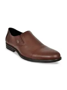 Allen Cooper Men Brown Solid Genuine Leather Formal Slip-Ons