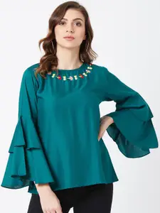 The Dry State Women Green Embroidered Neck Bell Sleeve Top