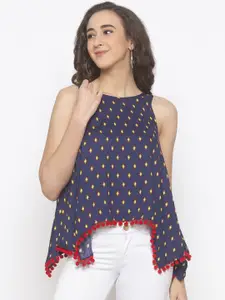 Globus Women Navy Blue & Yellow Printed A-Line Top