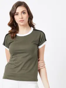 The Dry State Women Olive Green Solid Round Neck T-shirt