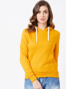 The Dry State Women Mustard Yellow Solid Hooded Sweatshirt