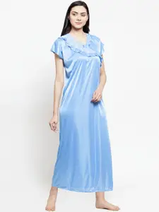 Secret Wish Blue Solid Satin Nightdress