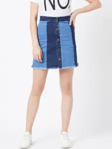 The Dry State Women Blue Colourblocked Denim Mini Straight Skirt