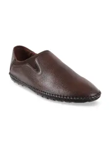 Metro Men Brown Textured Leather Slip-On Formal Shoes