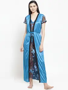 Secret Wish Blue & Black Solid Nightdress With Robe HC-E200-802