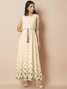 Rang by Indya Women Beige & White Printed Maxi Dress