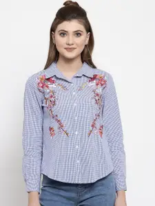 Gipsy Women Blue & White Regular Fit Checked Casual Shirt