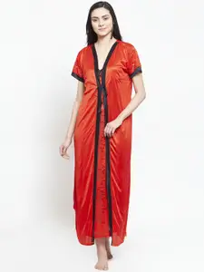 Secret Wish Red & Black Solid Nightdress With Robe HC-E199-801