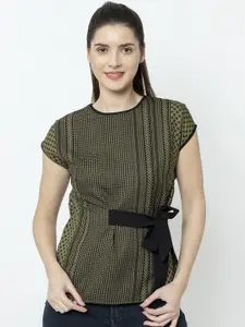 SQew Women Olive Green Printed Cinched Waist Top
