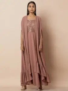 INDYA Women Dusty Pink Embroidered Maxi Dress with Jacket