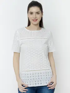SQew Women White Self Design Pure Cotton Top