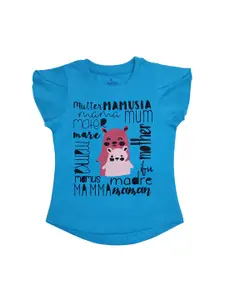 KiddoPanti Girls Blue  Pink Printed Round Neck Pure Cotton T-shirt