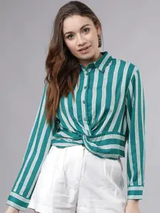Tokyo Talkies Women Teal Green & White Regular Fit Striped Casual Shirt