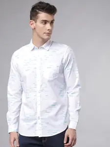 HIGHLANDER Men White & Blue Slim Fit Printed Casual Shirt