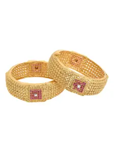 Adwitiya Collection Set of 2 Gold-Plated Pink & White Stone-Studded Handcrafted Bangles