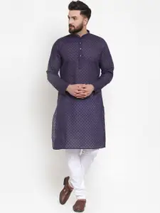 Jompers Men Navy Blue & White Embroidered Kurta with Churidar