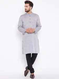 even Men Grey Solid Dobby Weave Straight Kurta