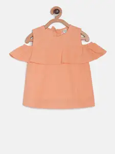 MINI KLUB Girls Coral Orange Self Design A-Line Pure Cotton Top