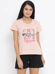 Clovia Women Pink & Black Printed Night suit