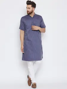 even Men Grey & Blue Striped Dobby Weave Straight Kurta